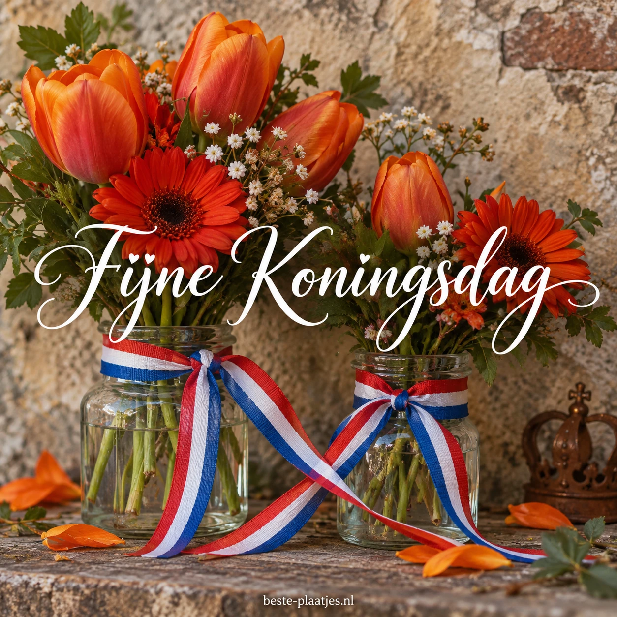 Twee glazen potten met oranje bloemen zijn versierd met rood-wit-blauwe linten. Twee glazen potten met oranje bloemen zijn versierd met rood-wit-blauwe linten.
