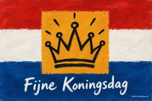 Een getekende zwarte kroon staat op een handgeschilderde Nederlandse vlag.