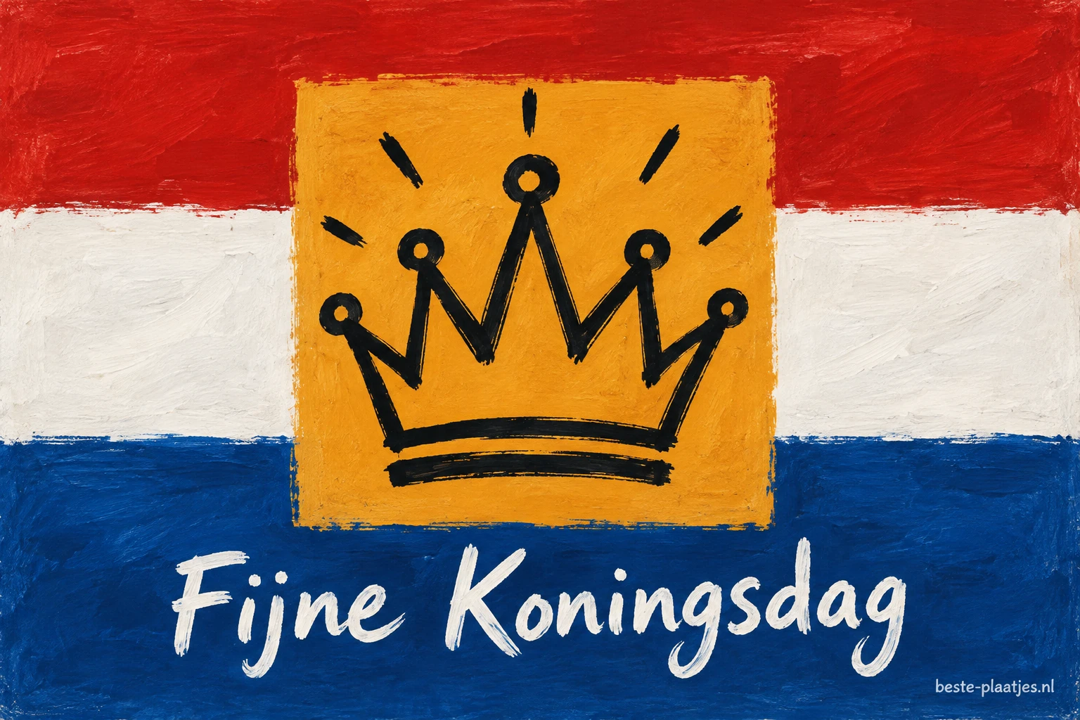 Een getekende zwarte kroon staat op een handgeschilderde Nederlandse vlag. Een getekende zwarte kroon staat op een handgeschilderde Nederlandse vlag.