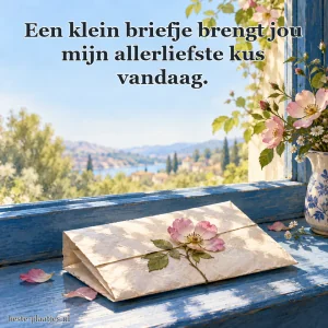 Een gevouwen brief met bloem ligt bij een raam.