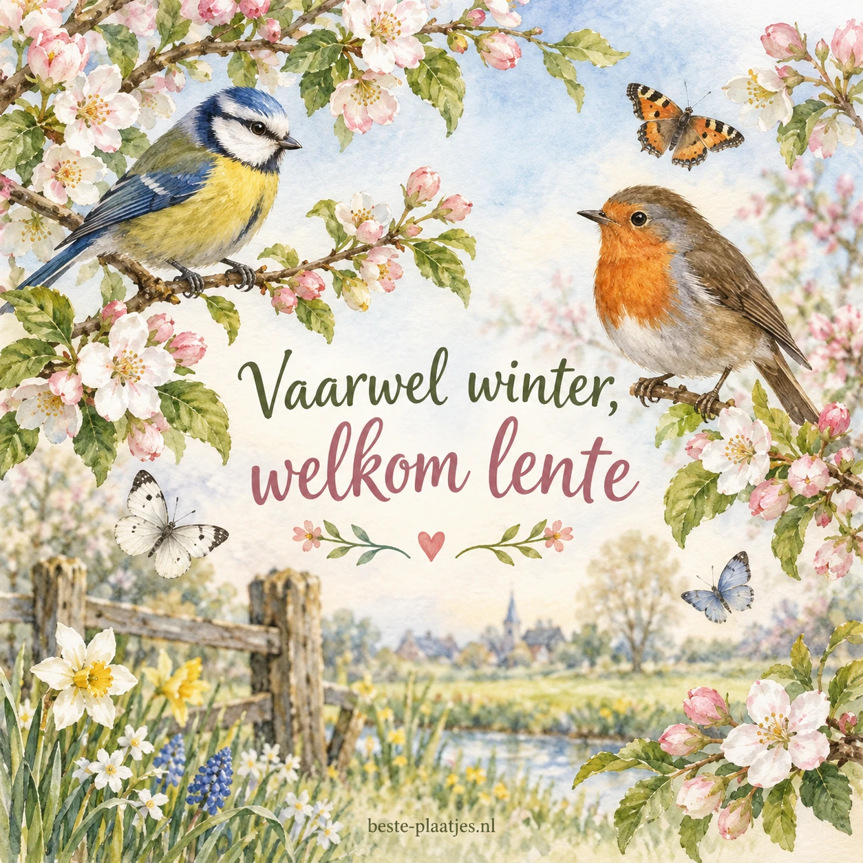 Twee kleine vogels zitten tussen bloesem en vlinders in een zachte aquarel.