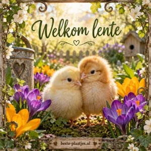 Twee jonge kuikens zitten dicht bij elkaar tussen kleurrijke lentebloemen.