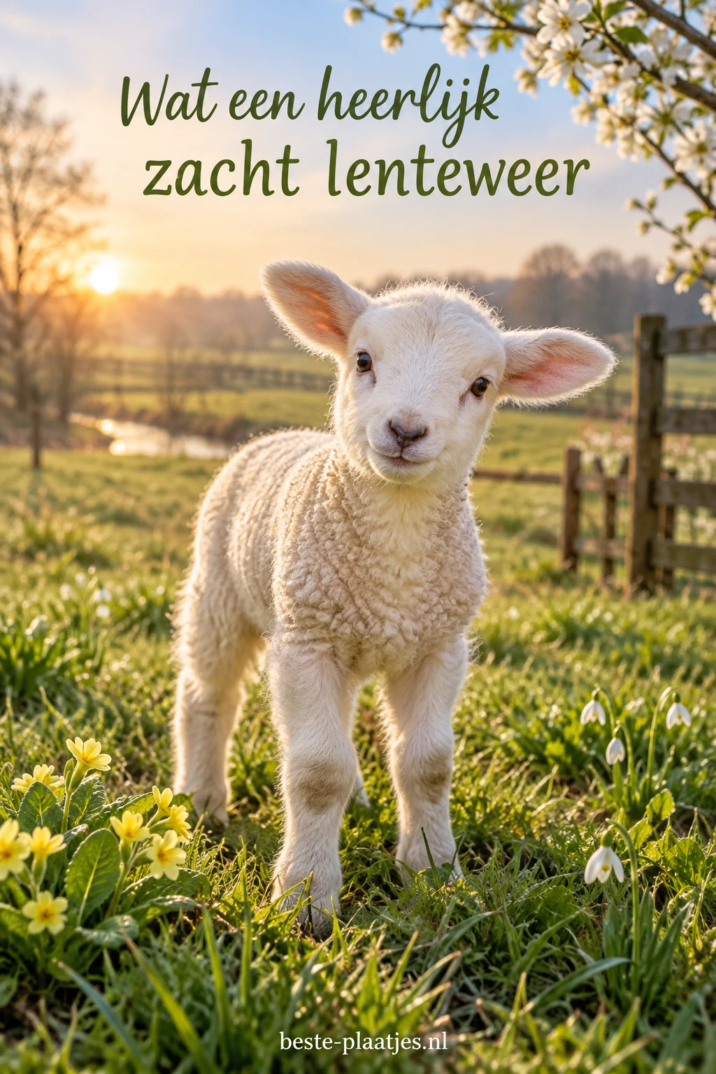 Een wit lammetje staat in zacht ochtendlicht op een groene weide.