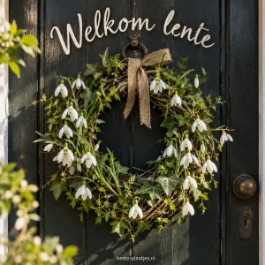 Een krans van witte sneeuwklokjes en groen hangt aan een donkere voordeur.