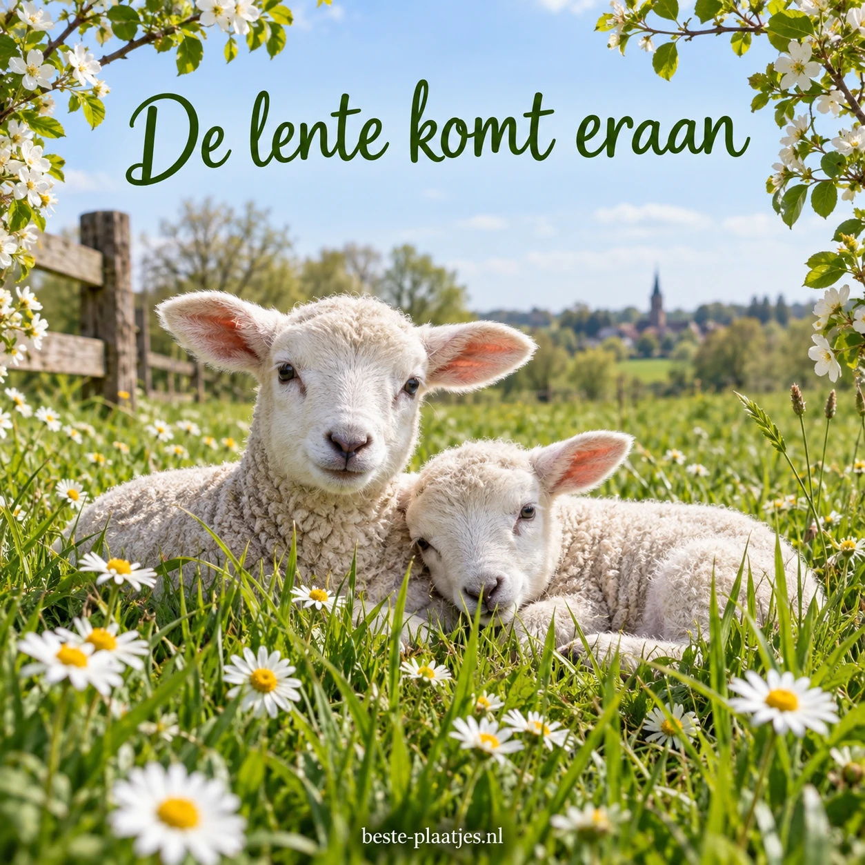Twee lammetjes rusten tussen madeliefjes in frisgroen gras.