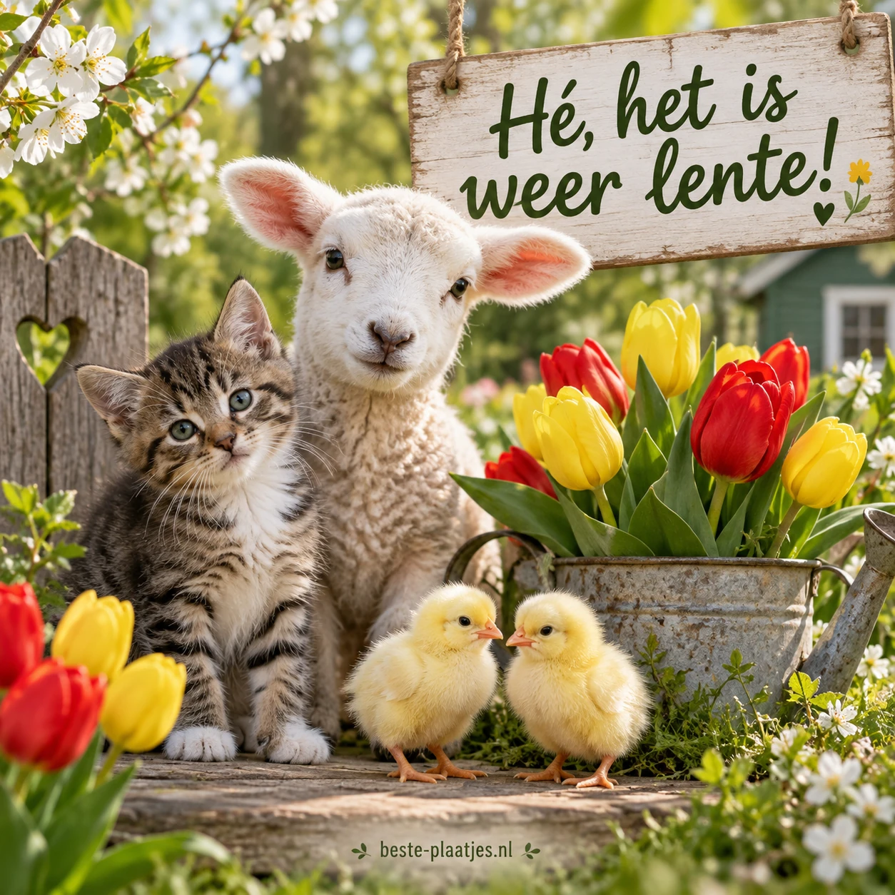 Een katje, lammetje en kuikens staan in een lentecollage met tulpen.
