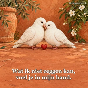 Twee witte duiven raken elkaar voorzichtig aan bij een rood hart.