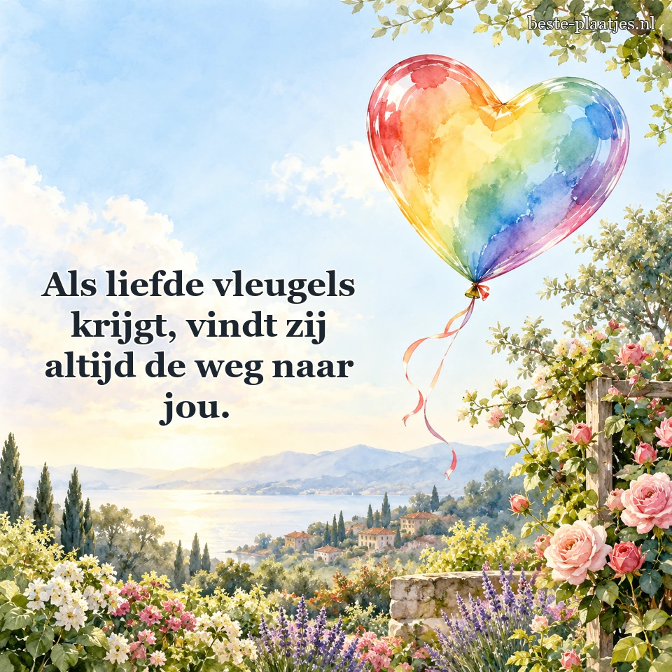 Een regenboogkleurige ballon zweeft boven een bloeiende tuin. Een regenboogkleurige ballon zweeft boven een bloeiende tuin.