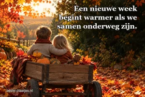 Twee kinderen rijden langs herfstbomen op een kleine houten kar.