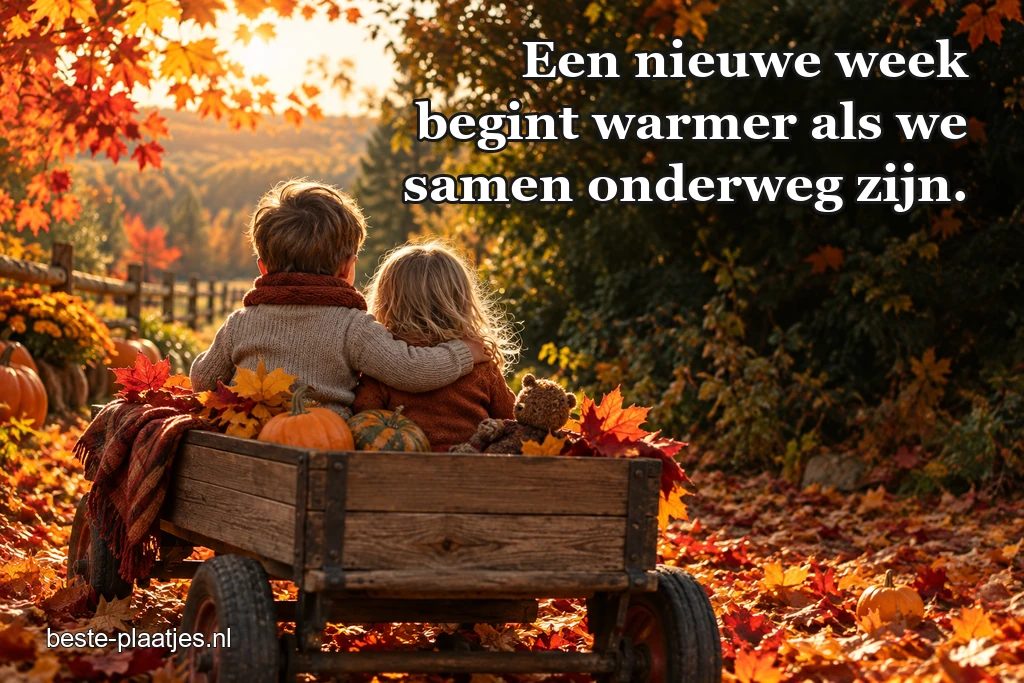Twee kinderen rijden langs herfstbomen op een kleine houten kar.