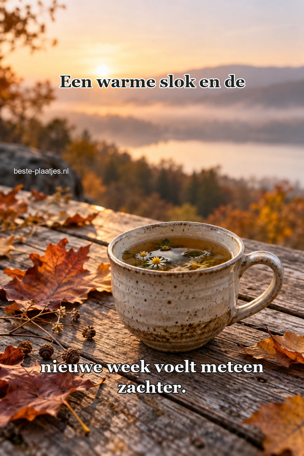 Een kop kruidenthee staat tussen rode herfstbladeren.