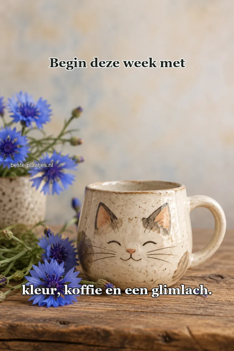 Een kop met getekend kattengezicht staat naast blauwe korenbloemen.