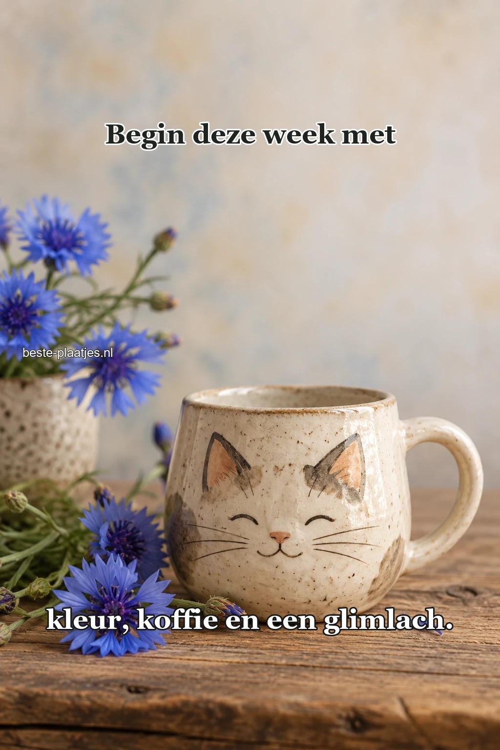 Een kop met getekend kattengezicht staat naast blauwe korenbloemen.