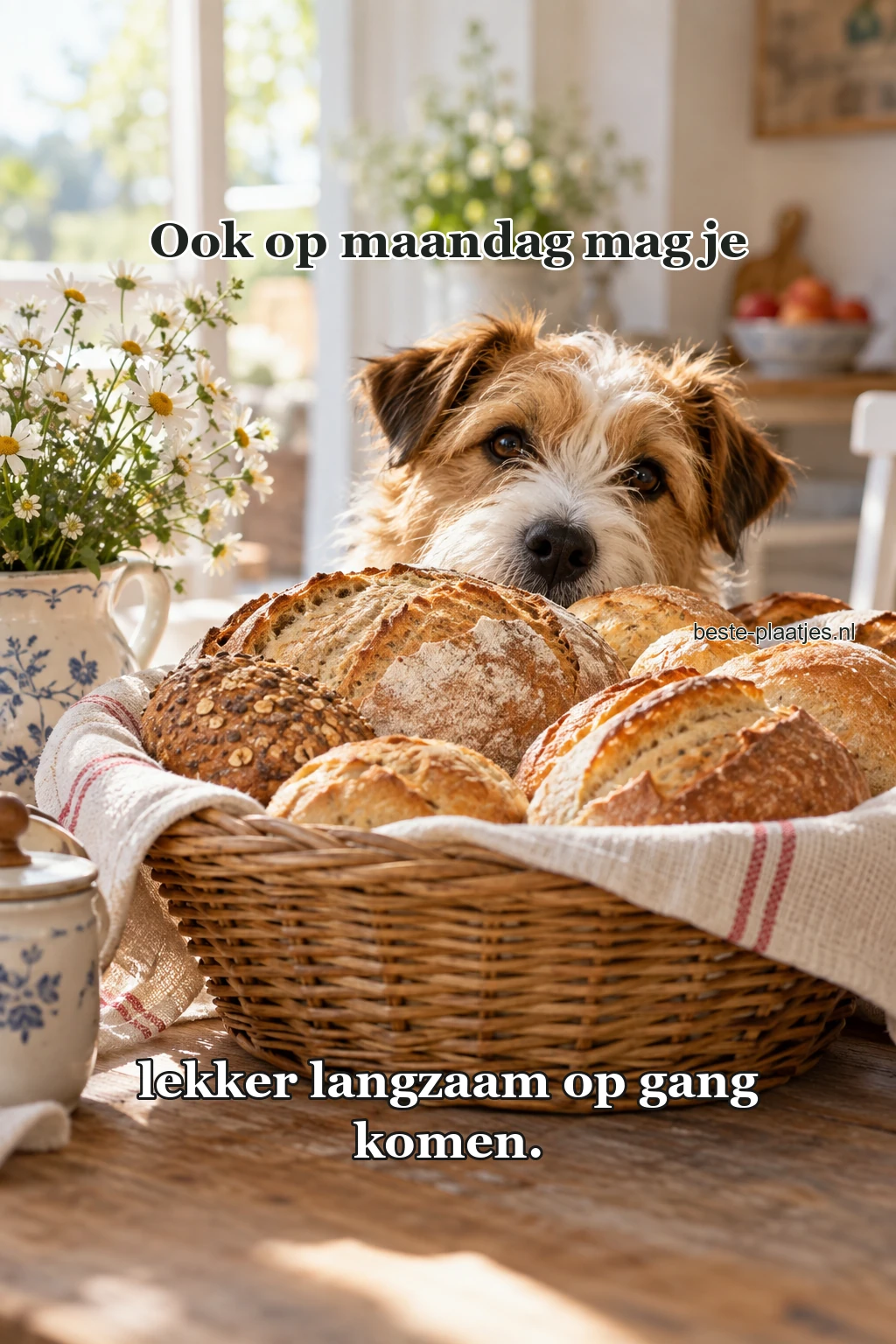 Een hond kijkt over een ontbijtmand met vers brood.