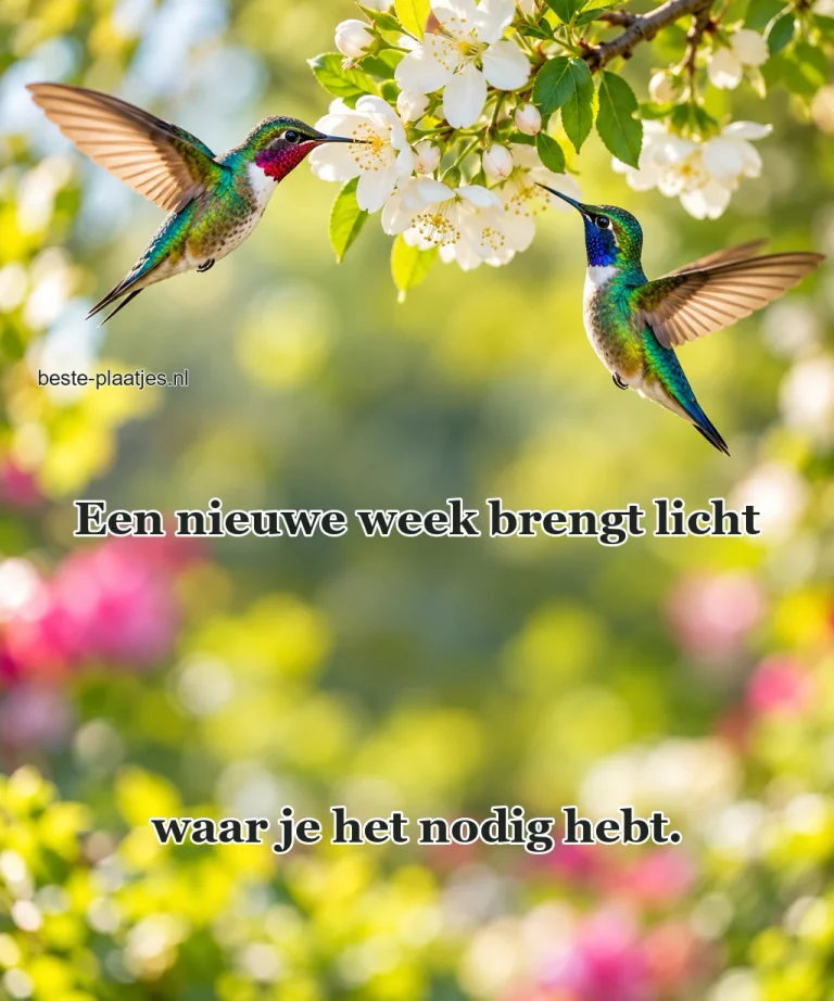 Kolibries zweven tussen lichte bloemen in de ochtendzon.