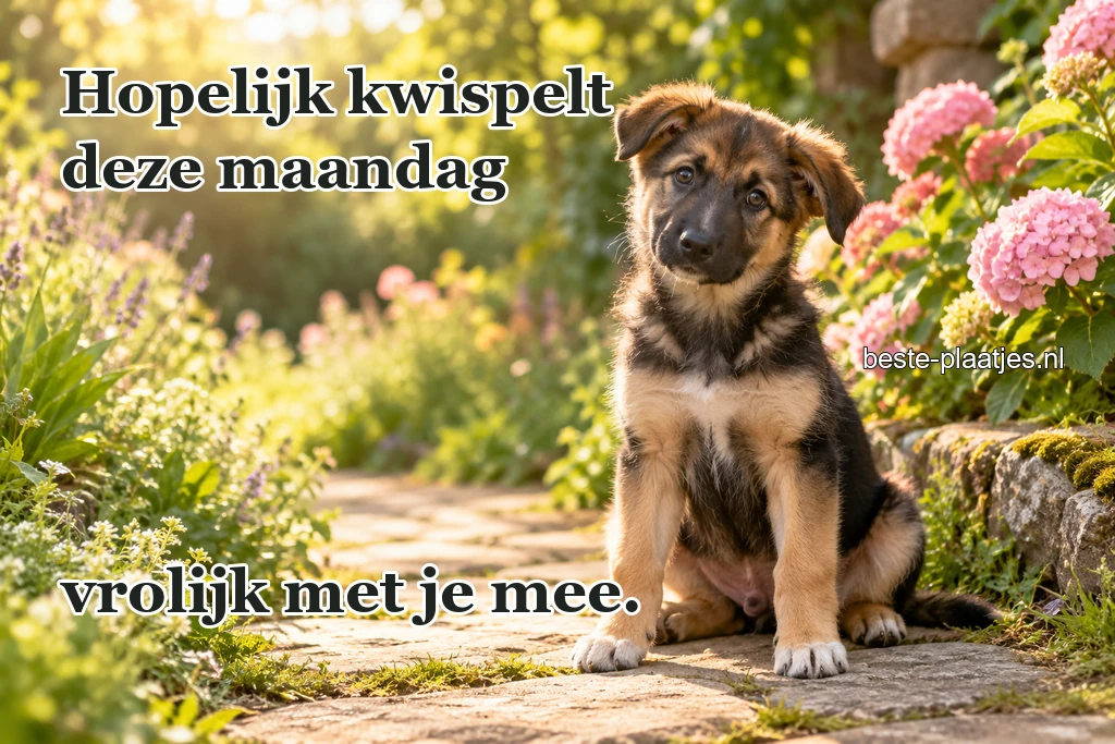 Een jonge herdershond zit op een zonnig tuinpad.