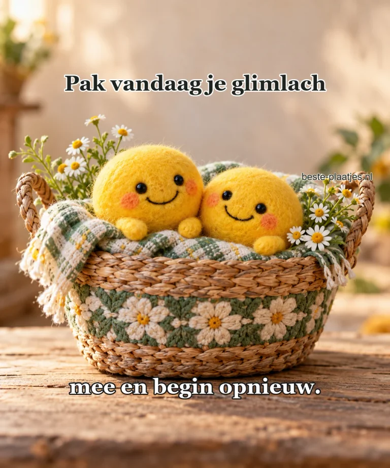 Twee lachende gele vilten figuurtjes zitten in een mand.