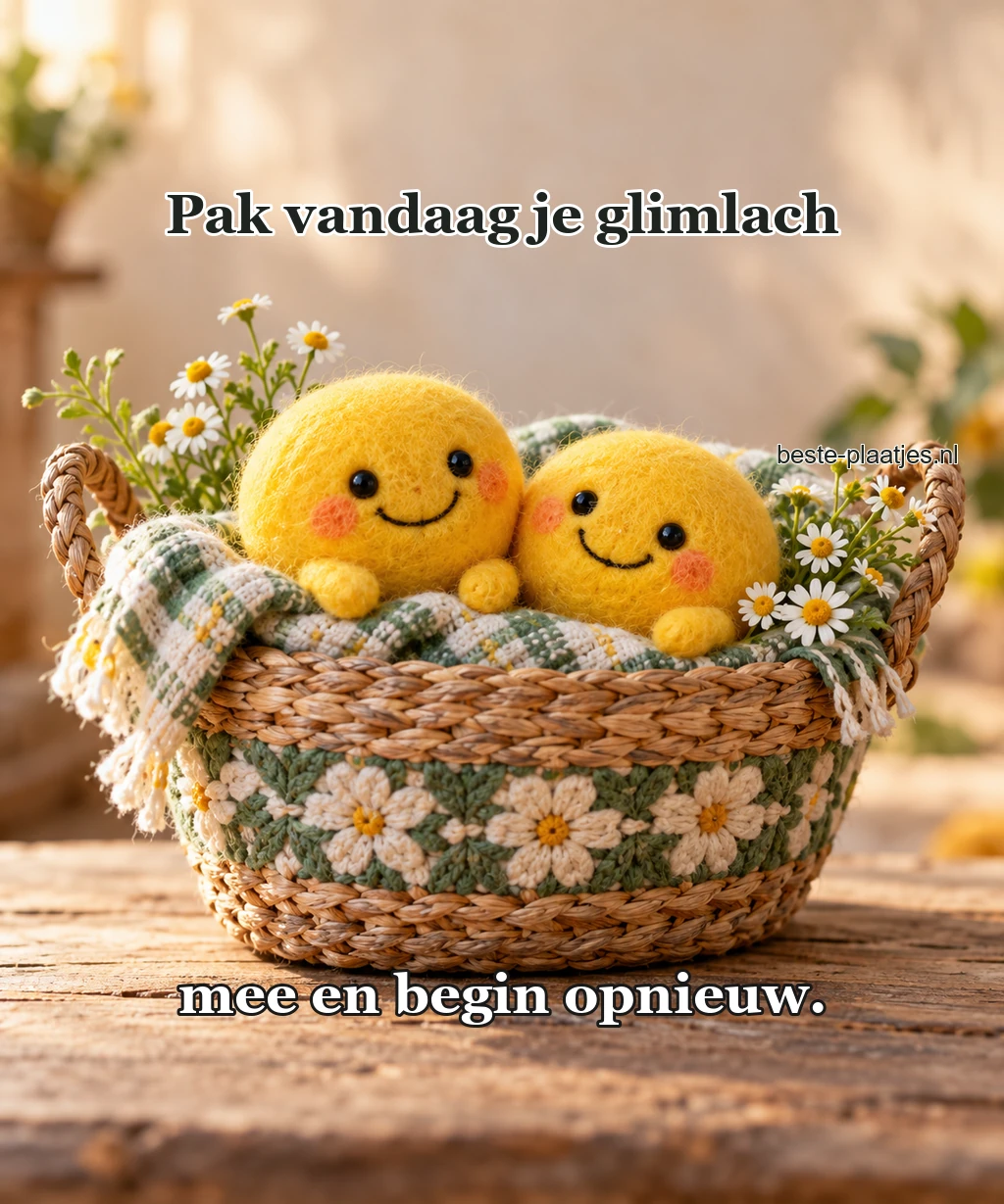 Twee lachende gele vilten figuurtjes zitten in een mand.