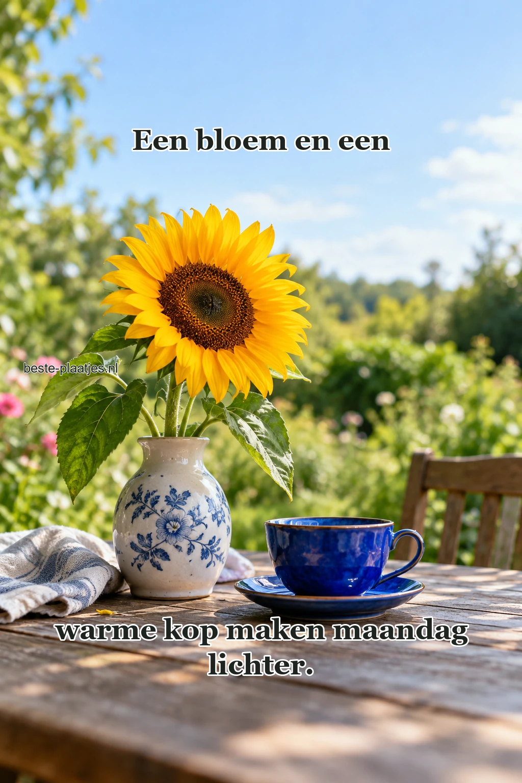 Een zonnebloem staat naast een blauwe kop thee.