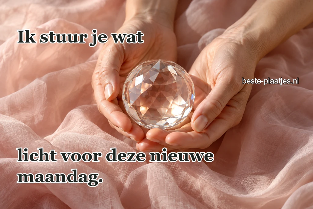Handen houden een glinsterende glazen bol bij zacht roze licht.