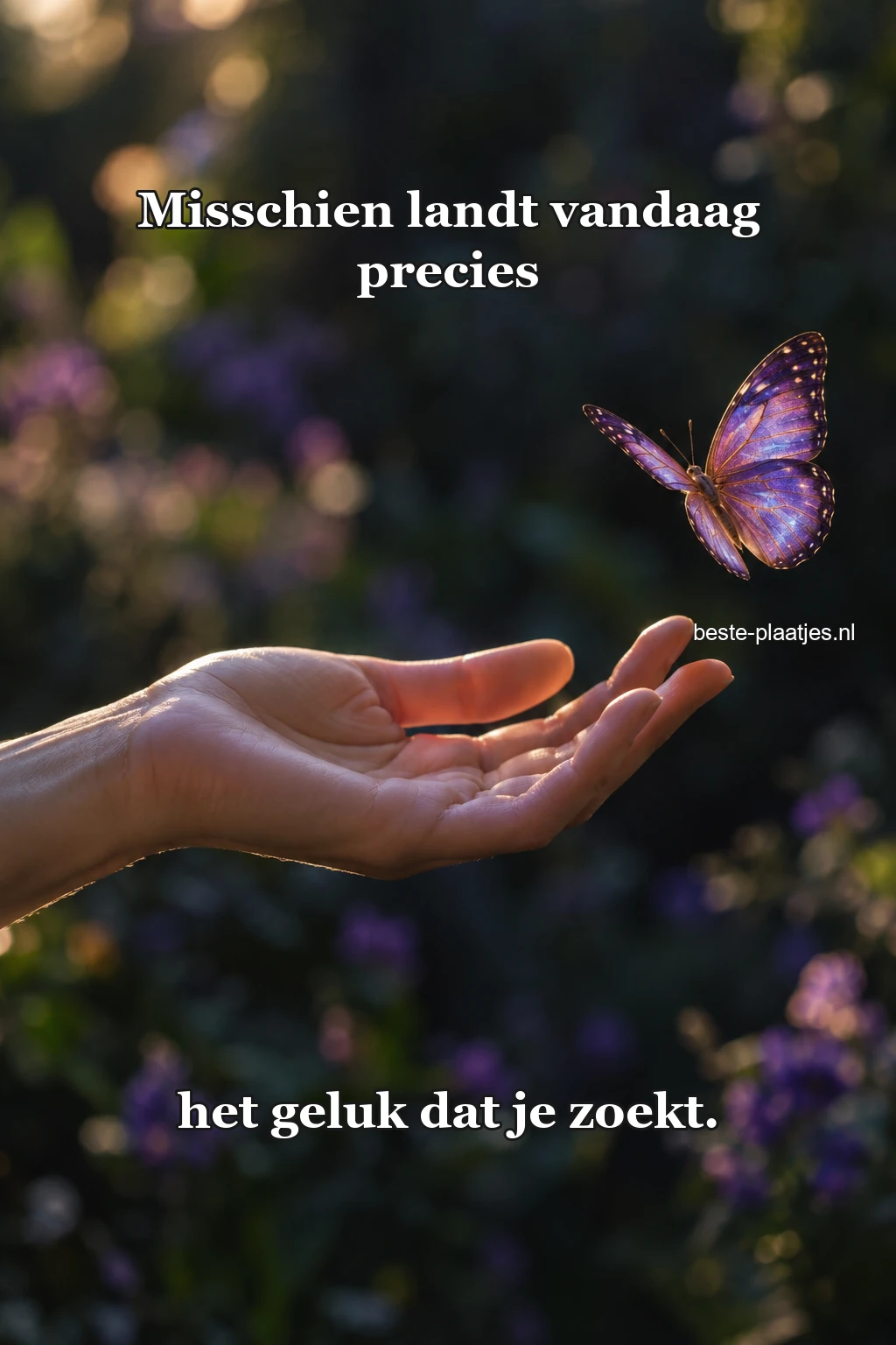 Een paarse vlinder rust naast een uitgestoken hand.