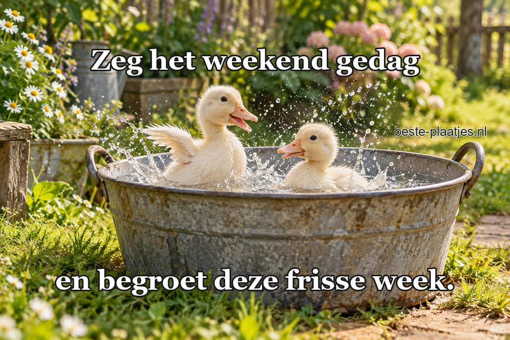 Twee witte eendjes spetteren in een oude zinken teil.