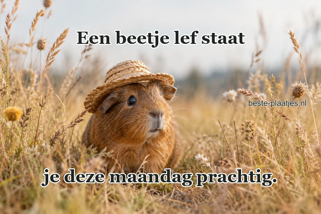 Een cavia zit met een kleine strohoed tussen droog gras.