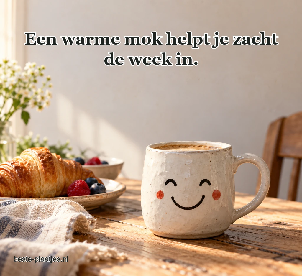 Een witte mok met speels getekend gezicht staat op tafel.