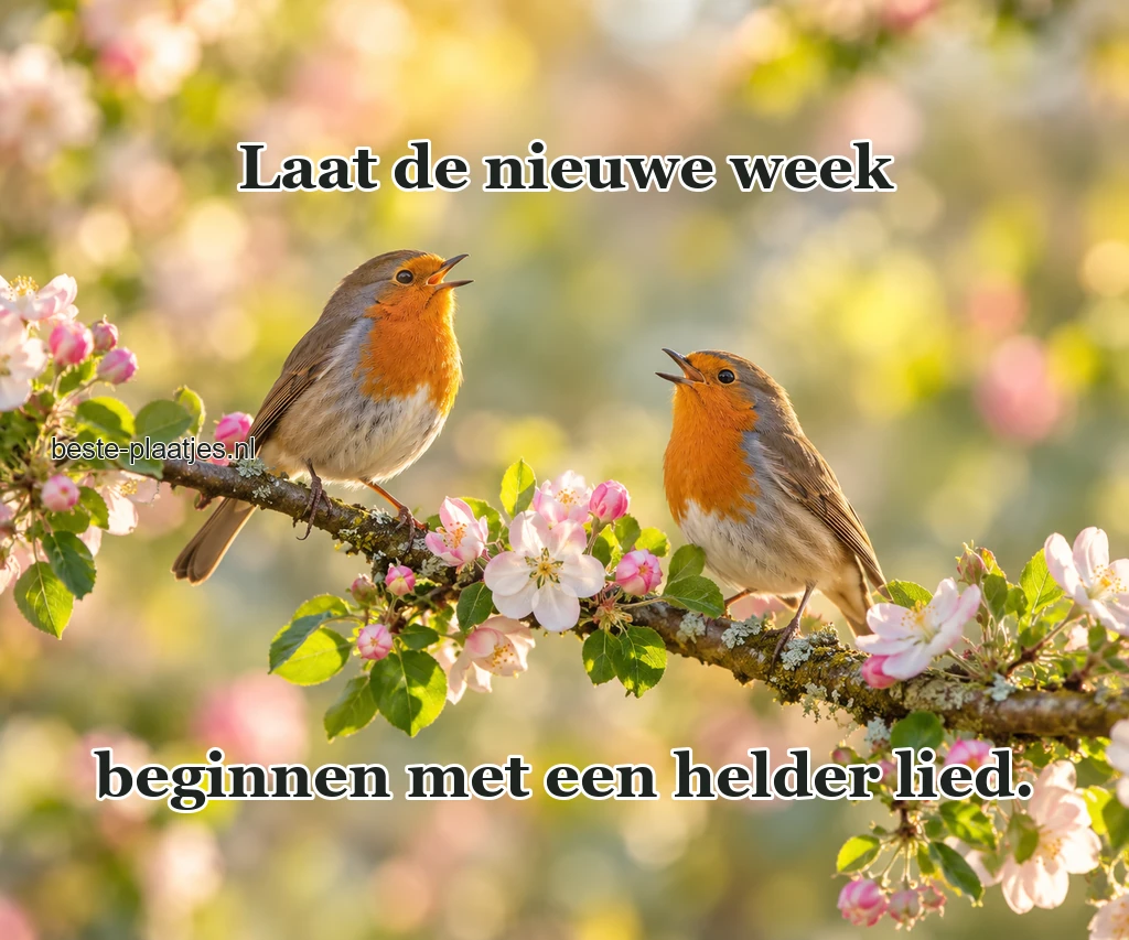 Twee roodborstjes zitten op een bloeiende tak.