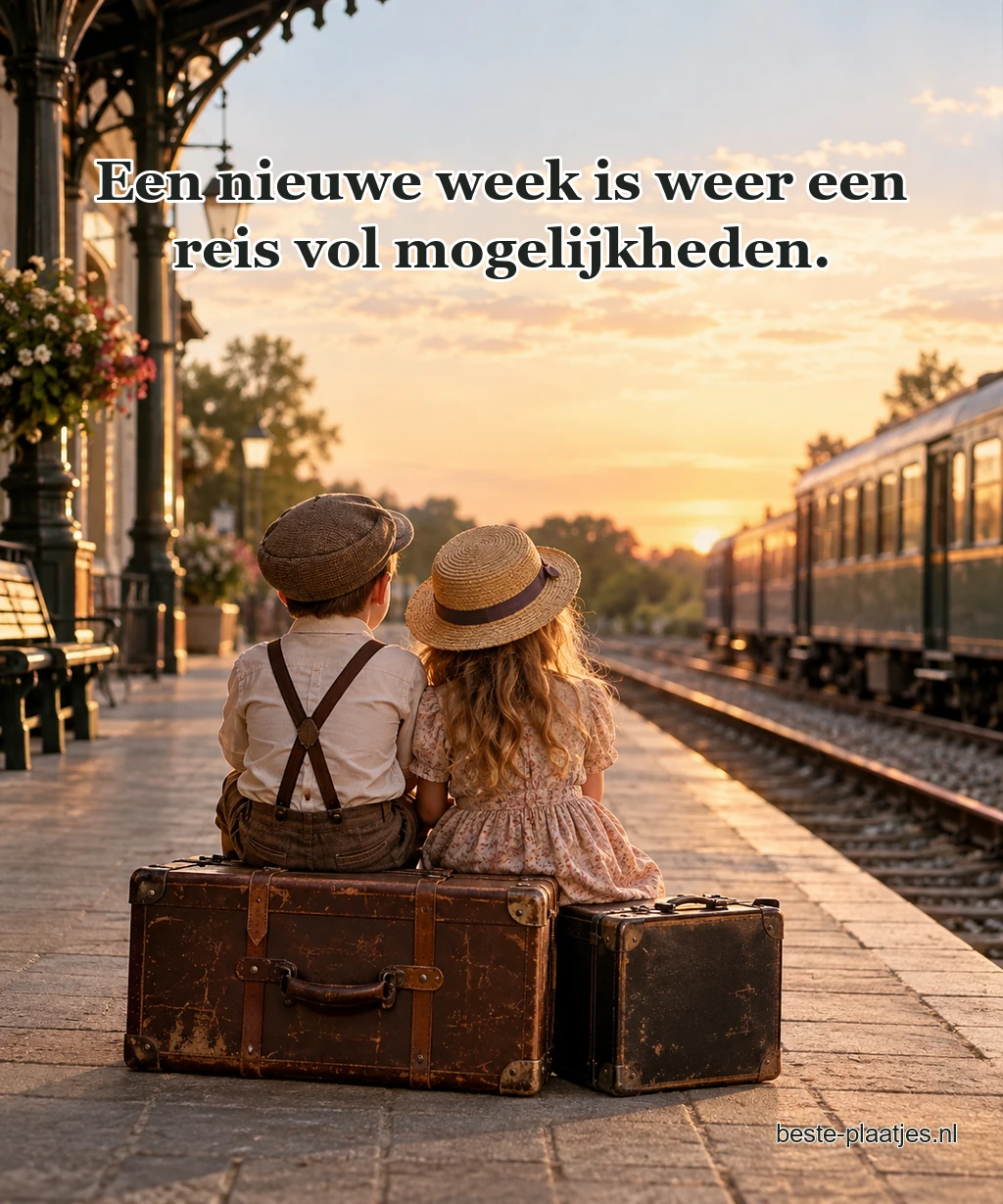 Twee kinderen zitten met koffers op een stationbank.