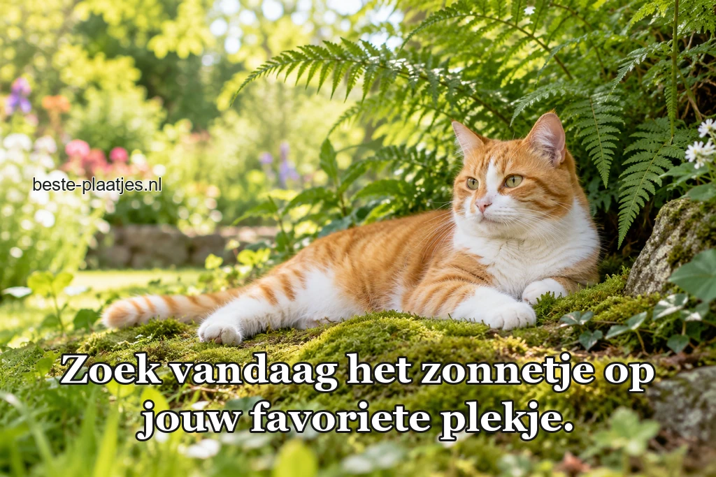 Een oranje kat ligt tussen zacht mos in de tuin.