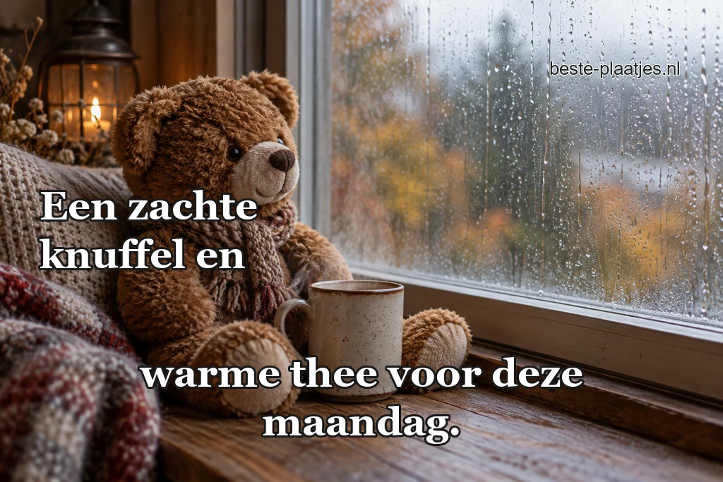 Een pluche beer zit met een mok bij het raam.