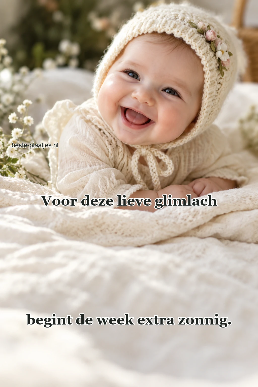 Een lachende baby draagt een zelfgebreide bloemenmuts.