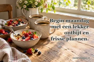 Koffie, yoghurt en fruit staan op een houten ontbijttafel.