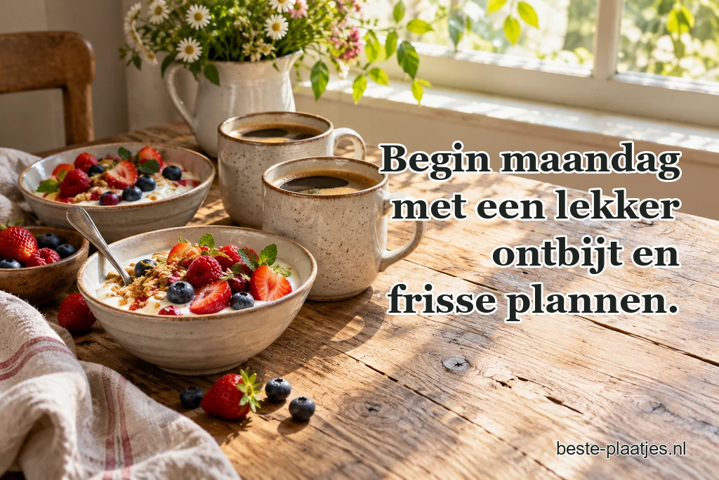 Koffie, yoghurt en fruit staan op een houten ontbijttafel.
