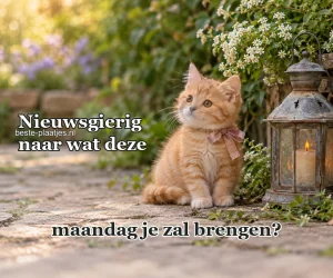 Een klein roodbruin kitten zit naast een oude lantaarn.
