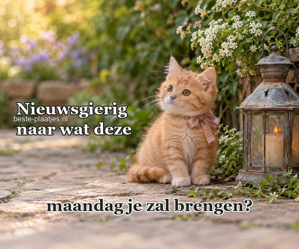 Een klein roodbruin kitten zit naast een oude lantaarn.