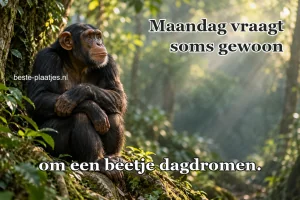 Een chimpansee kijkt peinzend door een donker bos.