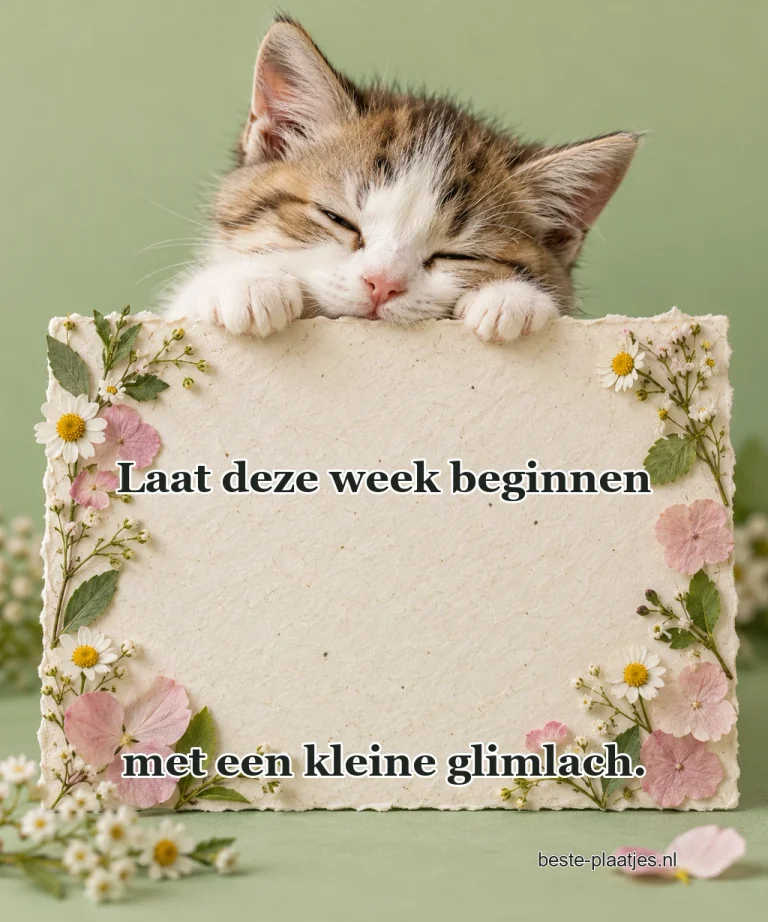 Een jonge kitten kijkt over een papieren bloemenkaart.