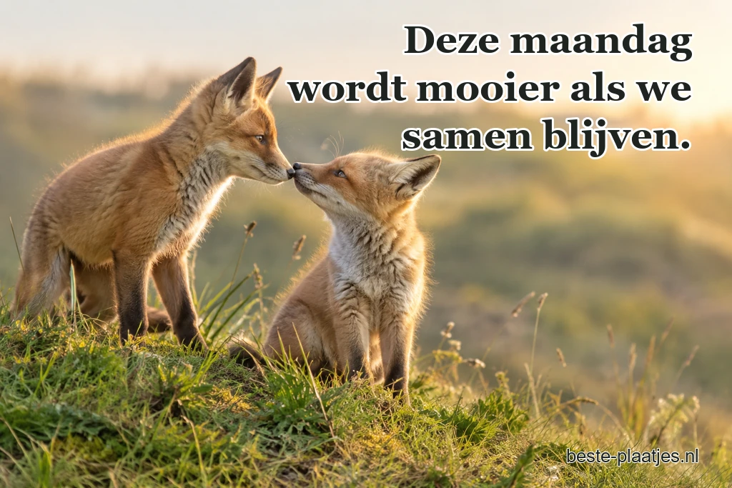 Twee jonge vossen raken elkaar voorzichtig met hun snuit aan.