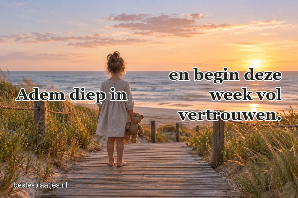 Een kind en teddybeer kijken uit over een rustige zee.