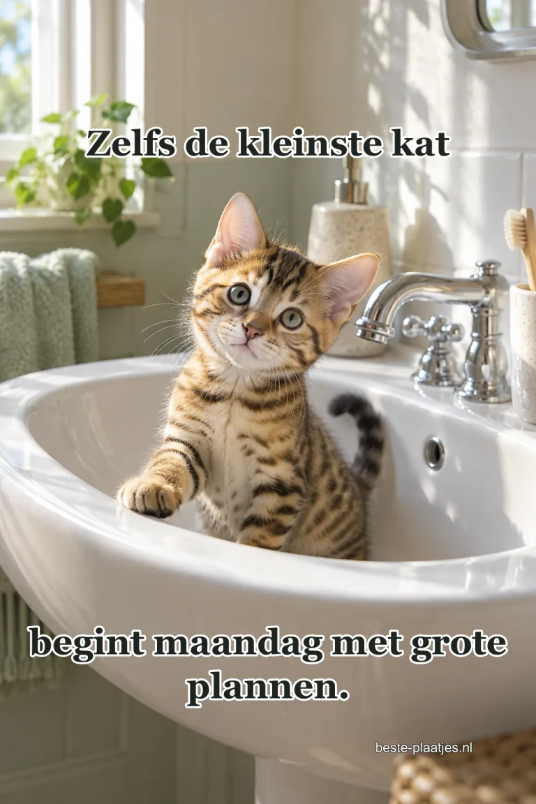 Een gevlekte kitten zit speels in een witte waskom.