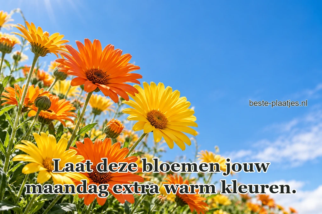 Gele en oranje margrieten staan in zonlicht.