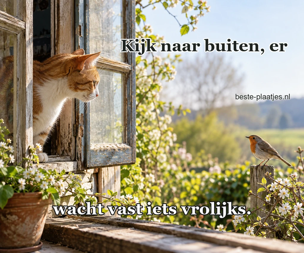 Een roodwitte kat kijkt vanaf een vensterbank naar vogels.