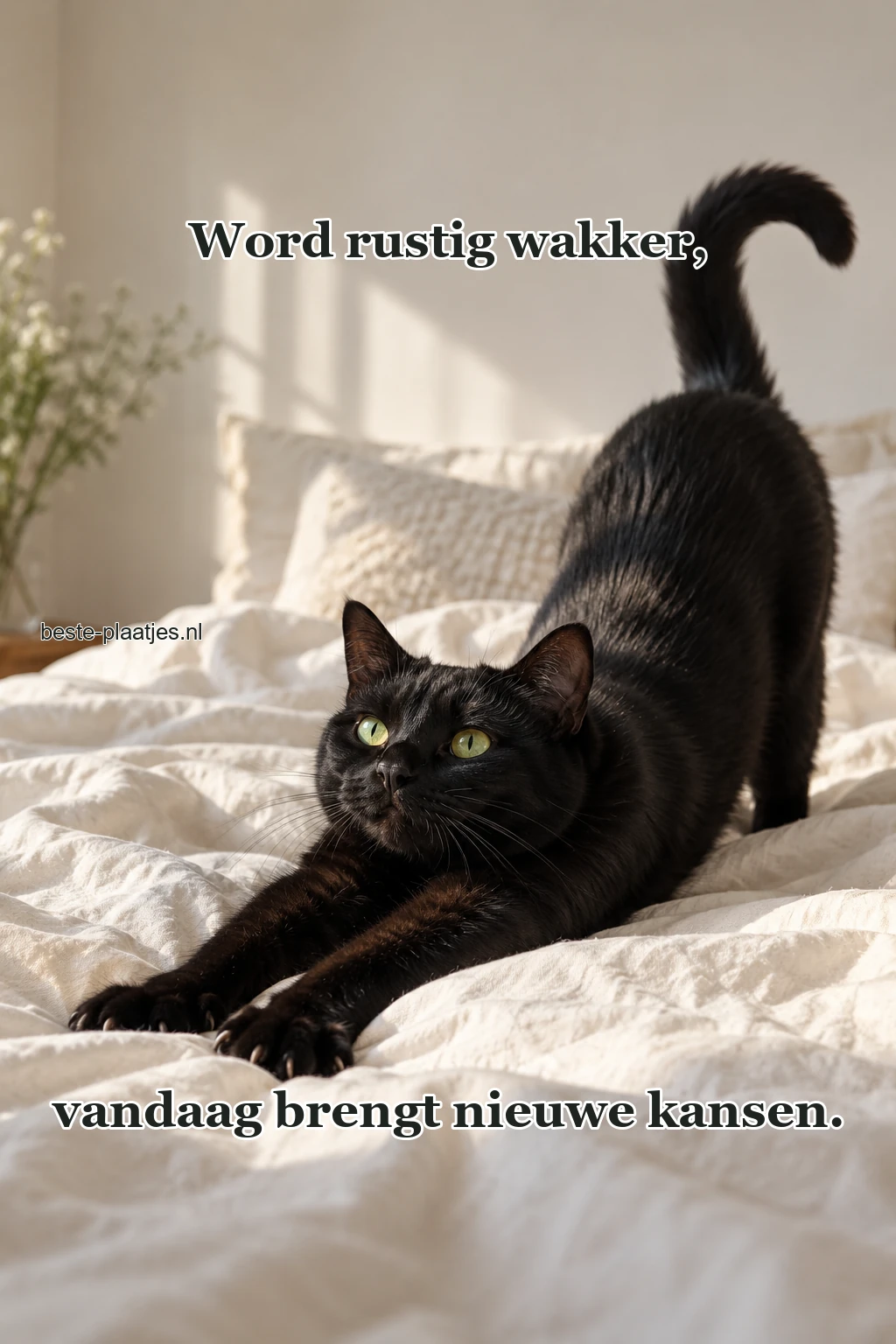 Een zwarte kat strekt zich uit op licht beddengoed.