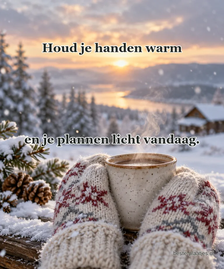 Twee wollen wanten houden samen een dampende kop vast.
