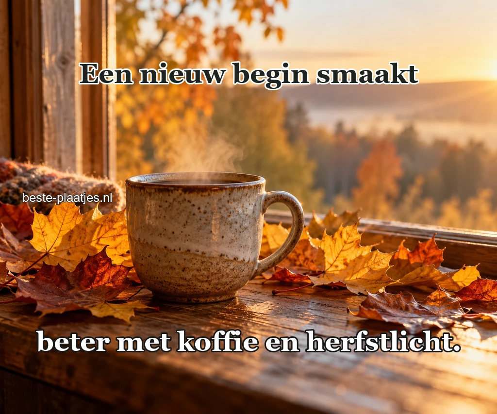 Een kop koffie staat tussen goudkleurige herfstbladeren.