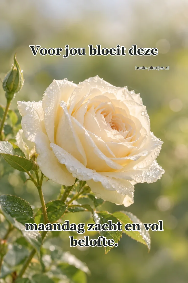 Een witte roos draagt frisse regendruppels in ochtendlicht.