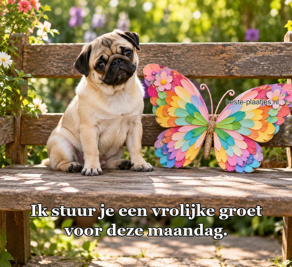 Een kleine mopshond zit naast kleurrijke vlindervleugels van papier.