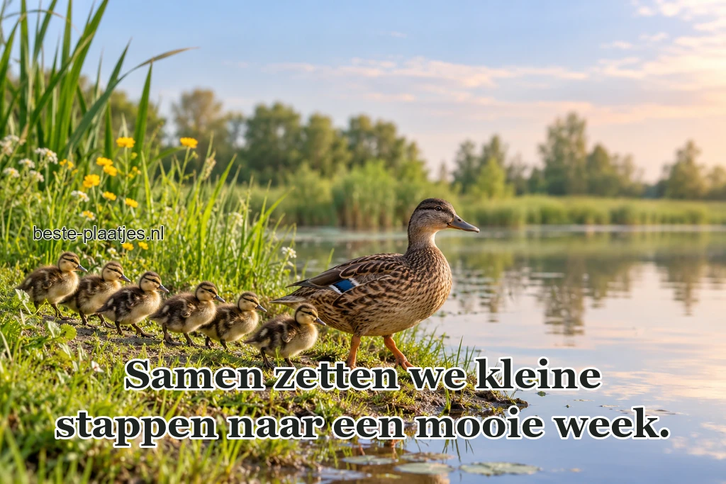 Een rij eendenkuikens volgt hun moeder langs een vijver.